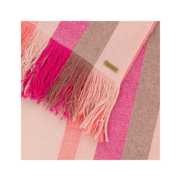 Fringe detail of cashmere stripe scarf in shades of cream, tan, pink, coral. Handwoven and sustainably made from eco dyes by Thread Tales