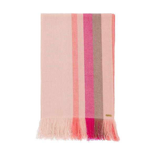 Folded cashmere stripe scarf in shades of cream, tan, pink, coral. Handwoven and sustainably made from eco dyes by Thread Tales